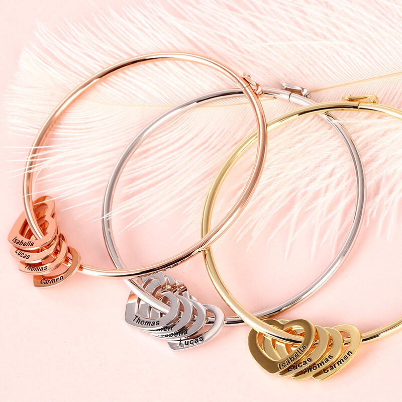 Bangle Bracelet with Heart Pendants in Silver
