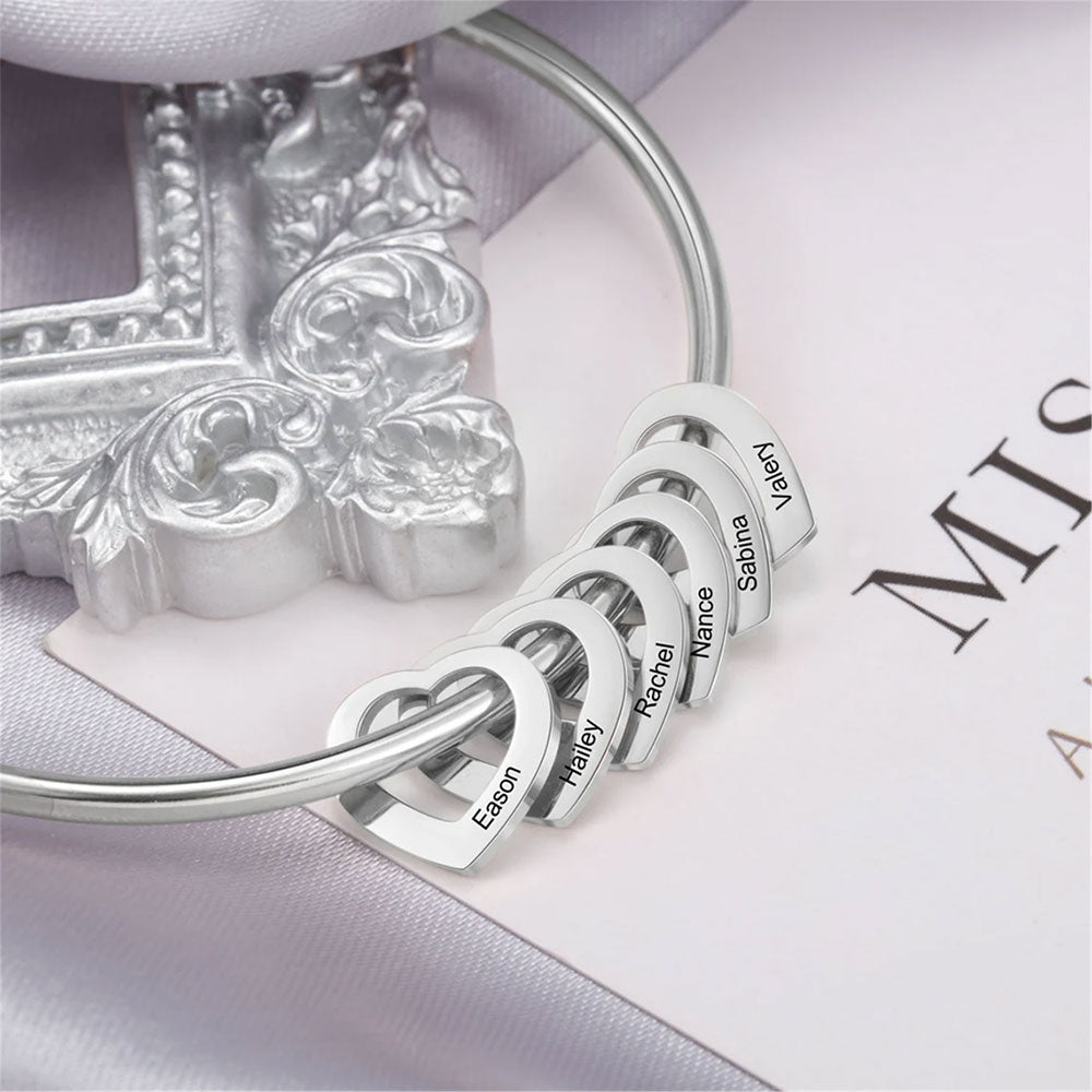 Bangle Bracelet with Heart Pendants in Silver