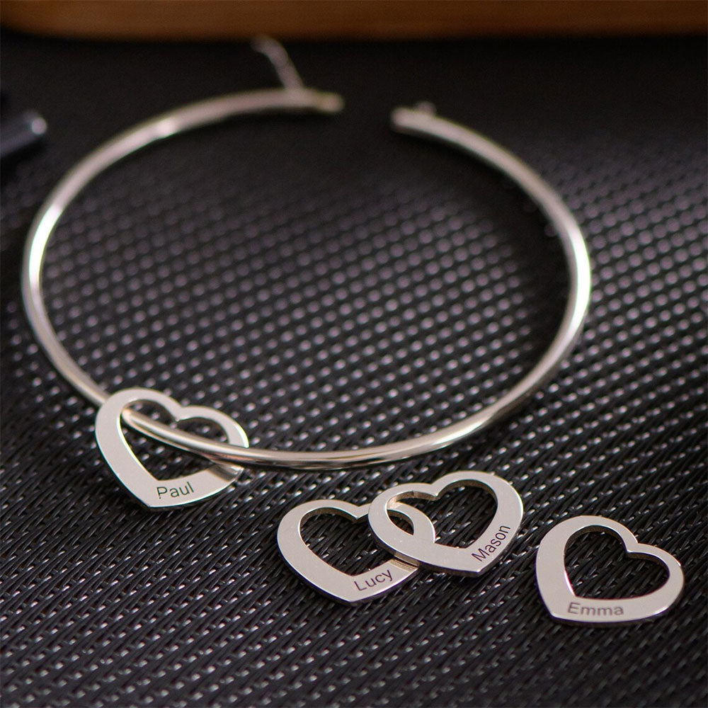 Bangle Bracelet with Heart Pendants in Silver