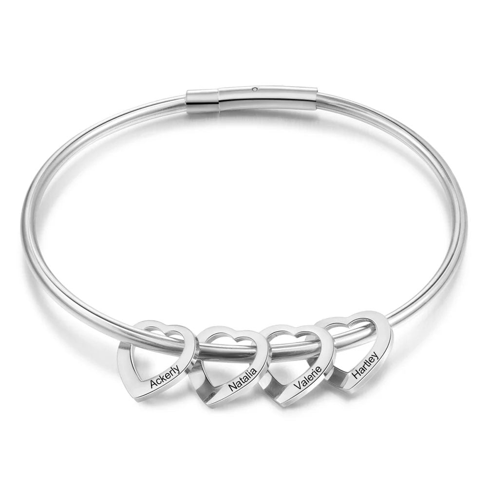 Bangle Bracelet with Heart Pendants in Silver