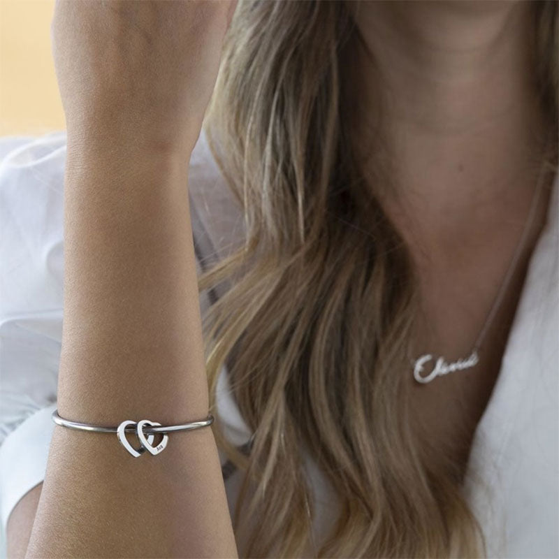 Bangle Bracelet with Heart Pendants