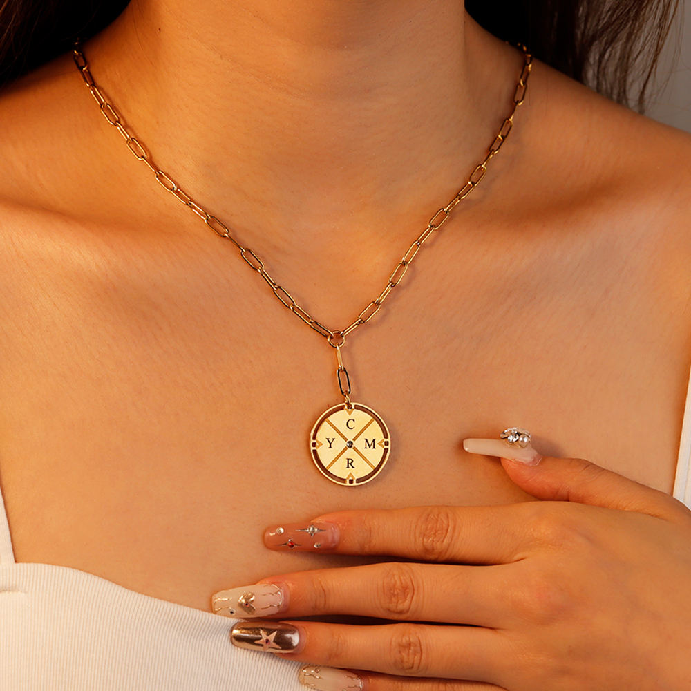 Personalized Initial Compass Necklace with Center Diamond In Silver