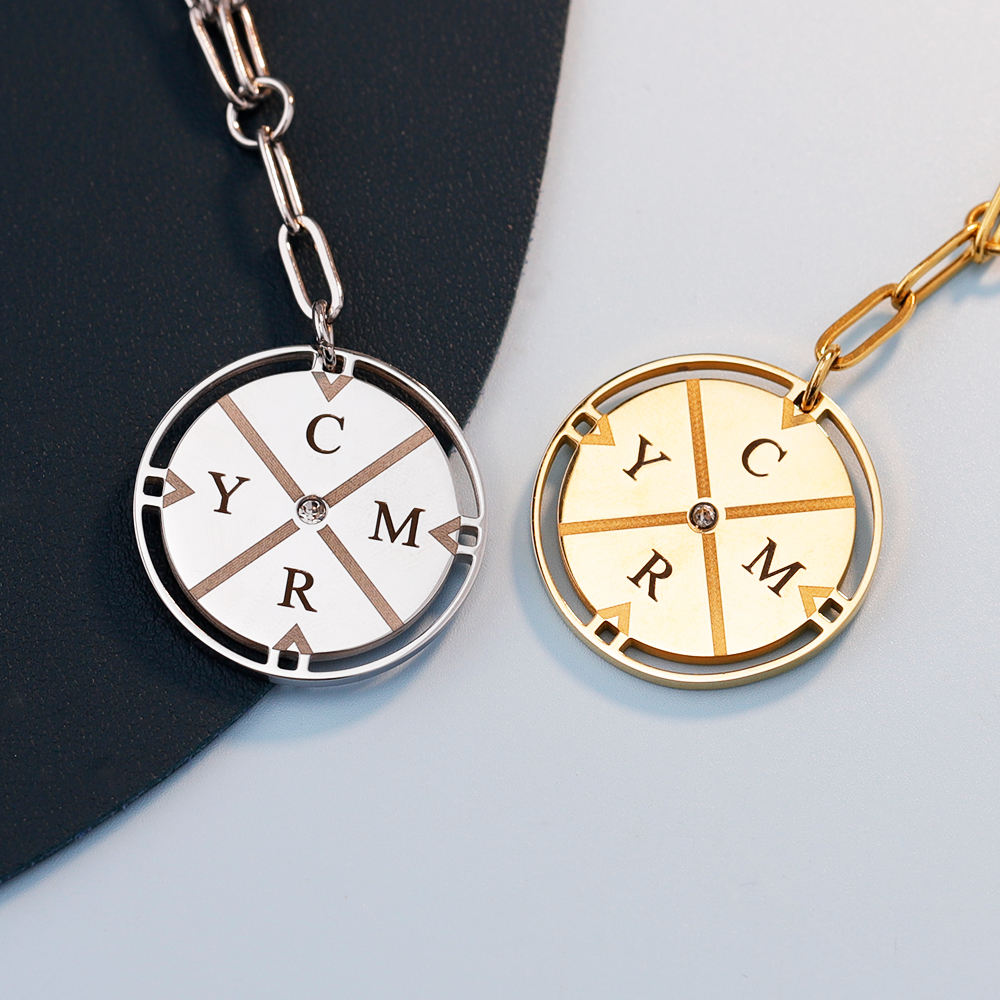 Personalized Initial Compass Necklace with Center Diamond In Silver