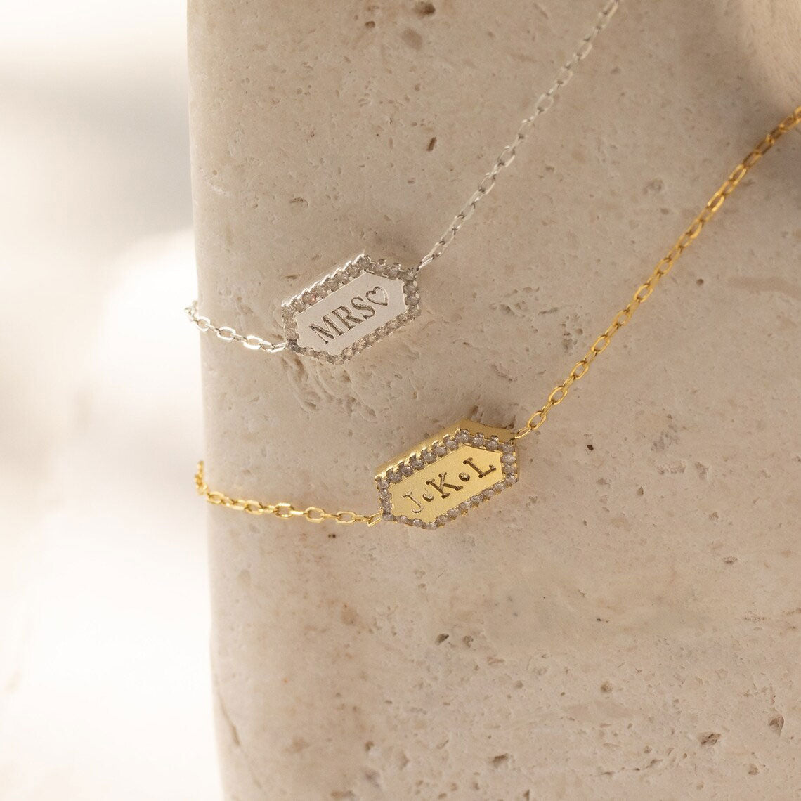 Personalized Hexagon Bracelet with Pave Diamonds In Silver