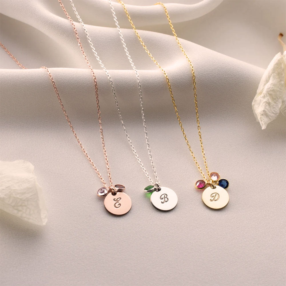 Personalized Initial Disc and Birthstone Necklace In Gold
