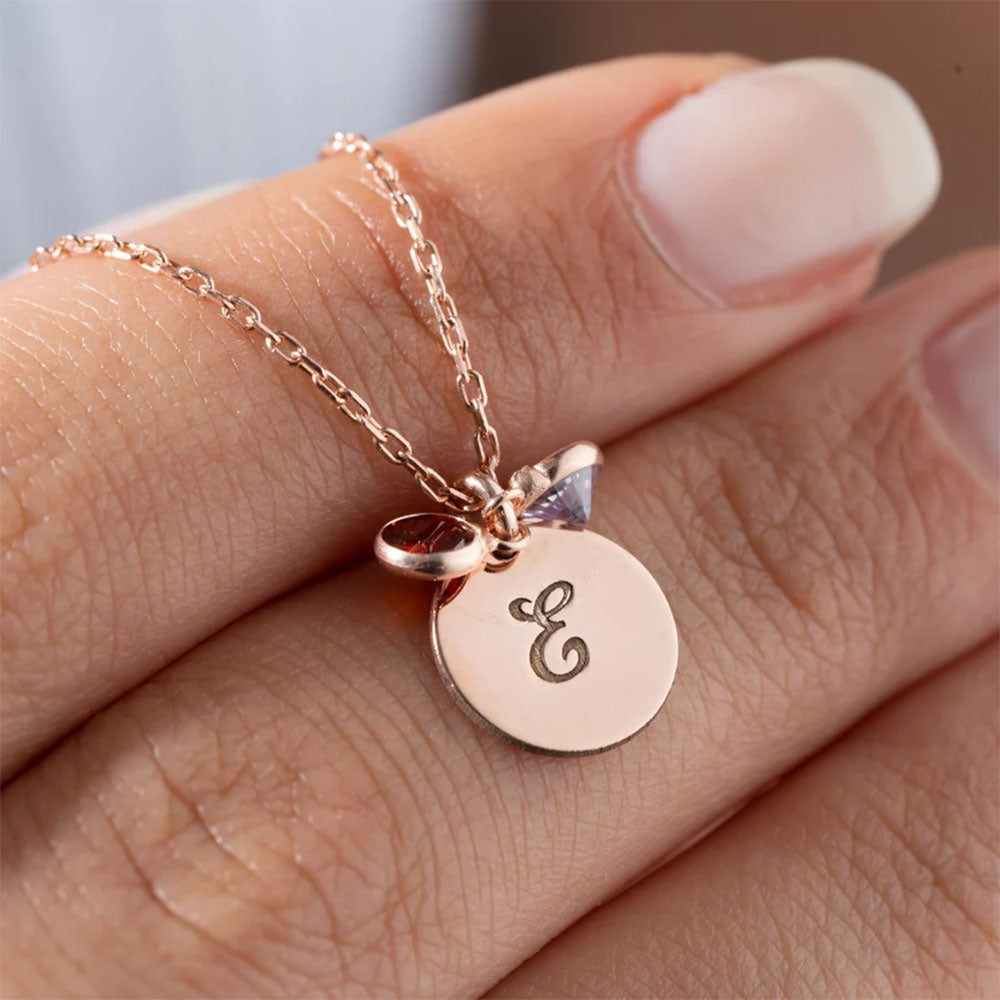 Personalized Initial Disc and Birthstone Necklace In Gold