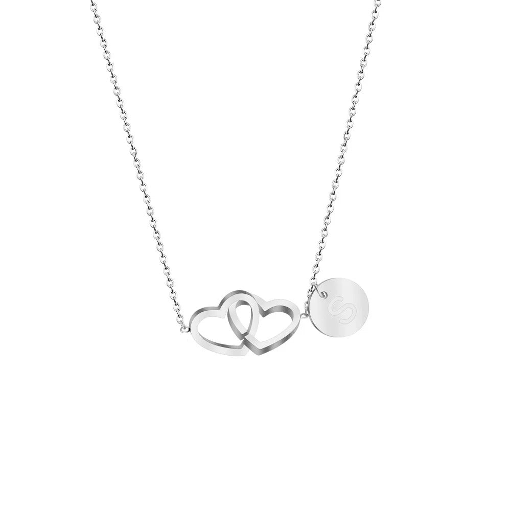 Double Heart Initials Necklace In Silver