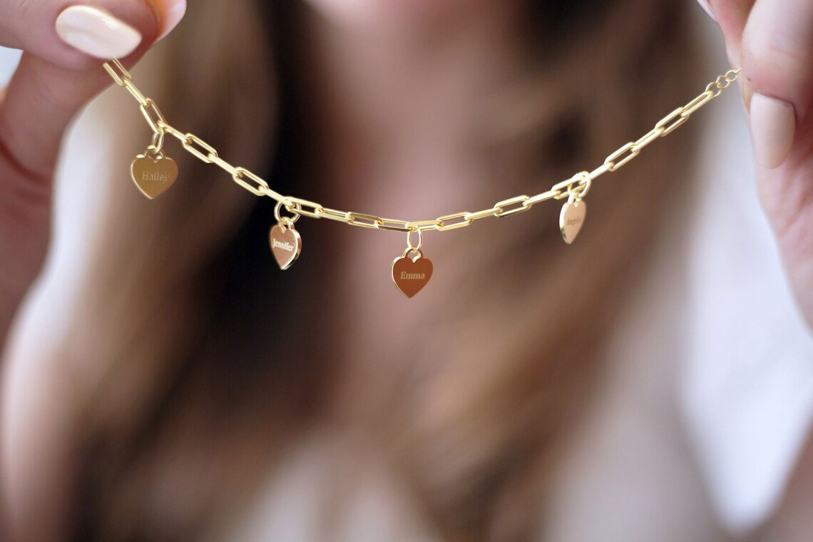 Paperclip Name Bracelet with Heart Charm