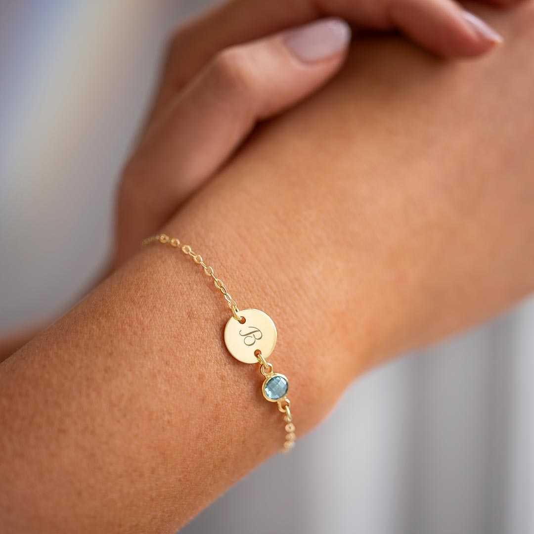 Personalized Initial Disc and Birthstone Bracelet In Rose Gold