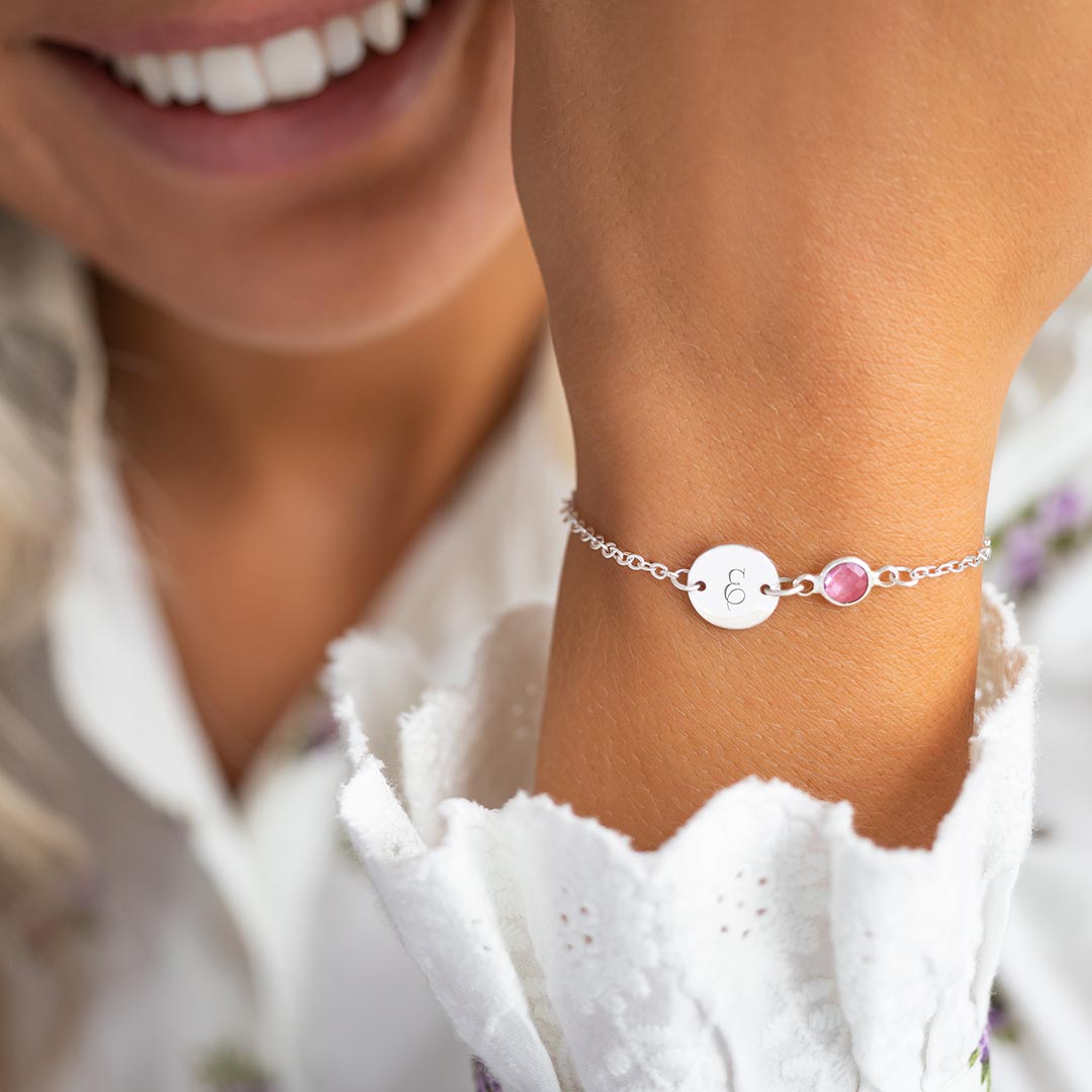 Personalized Initial Disc and Birthstone Bracelet In Rose Gold