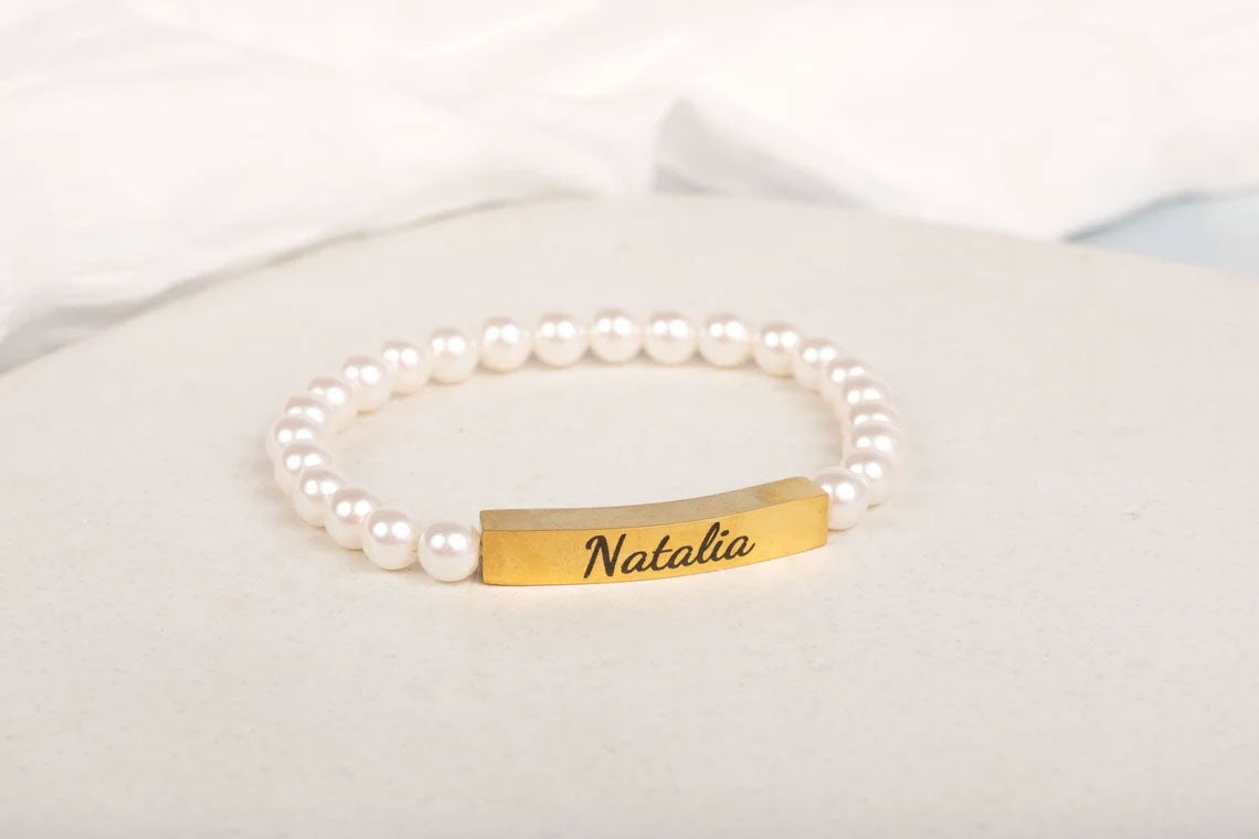 Gold Bar Personalized Pearl Bracelet