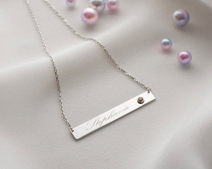 Bar Necklace with Birthstone in Silver