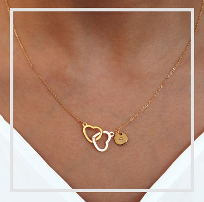 Double Heart Initials Necklace In Gold