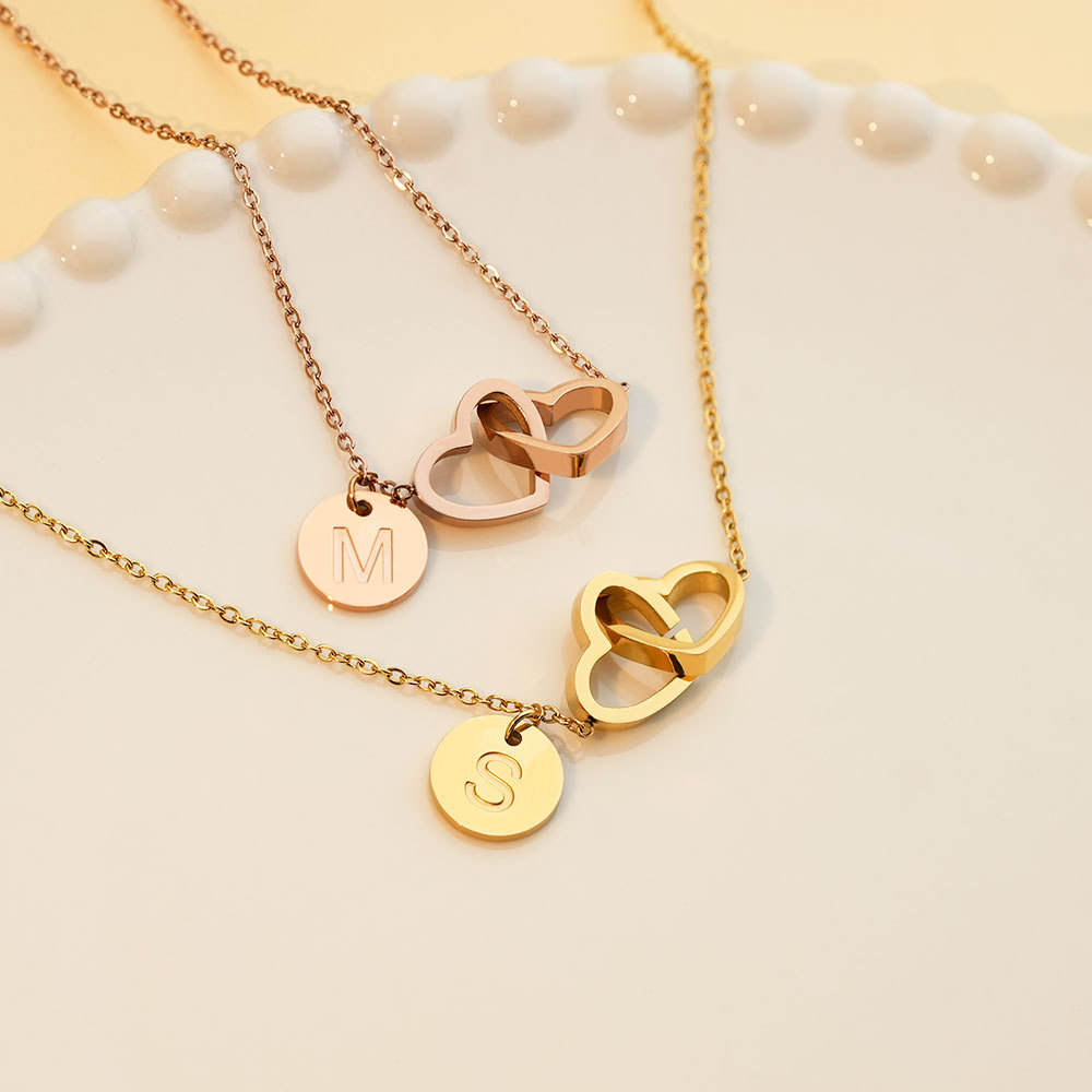 Double Heart Initials Necklace In Gold