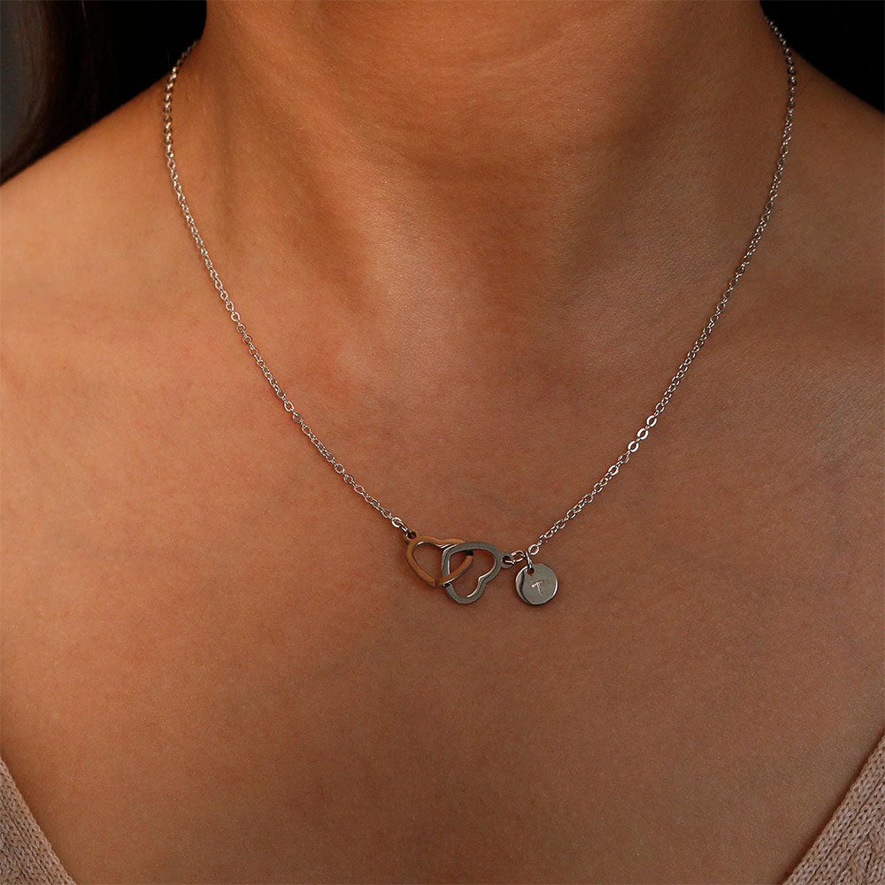 Double Heart Initials Necklace In Silver