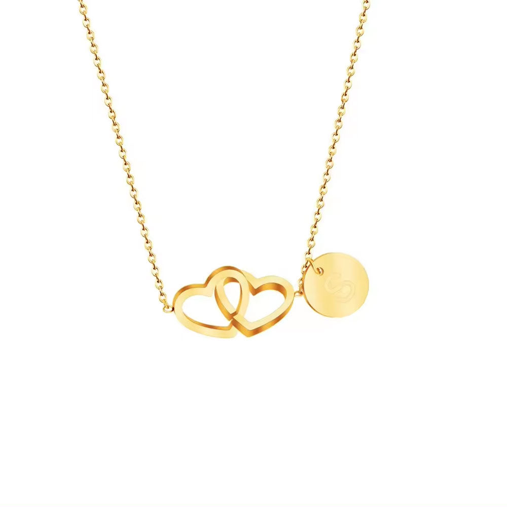 Double Heart Initials Necklace In Gold