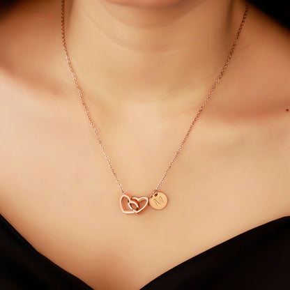 Double Heart Initials Necklace In Rose Gold