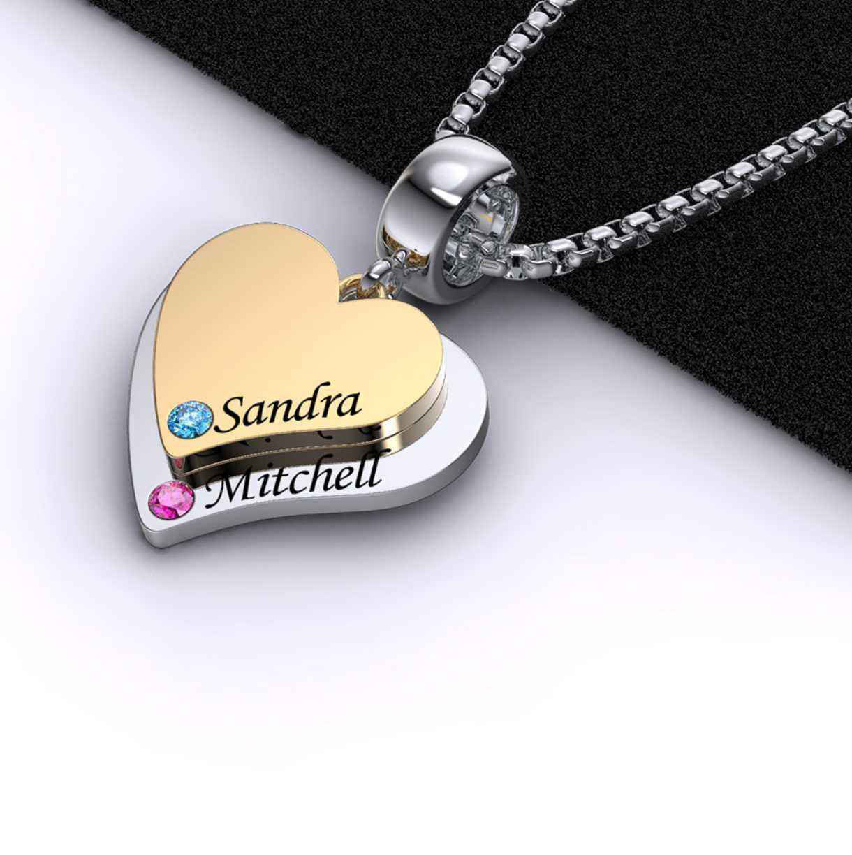 Double Heart with Birthstone Name Necklace