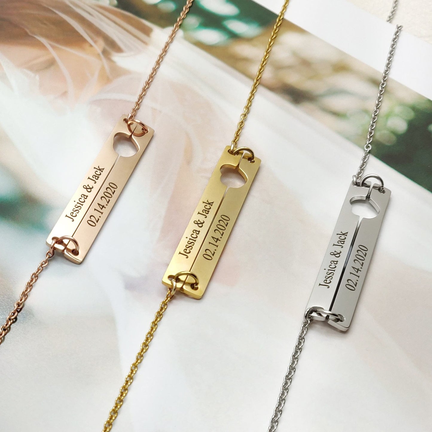 Personalized Double Bar Necklace with Heart Cutout In SIlver