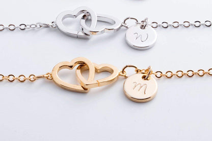 Double Heart Initials Bracelet In Silver