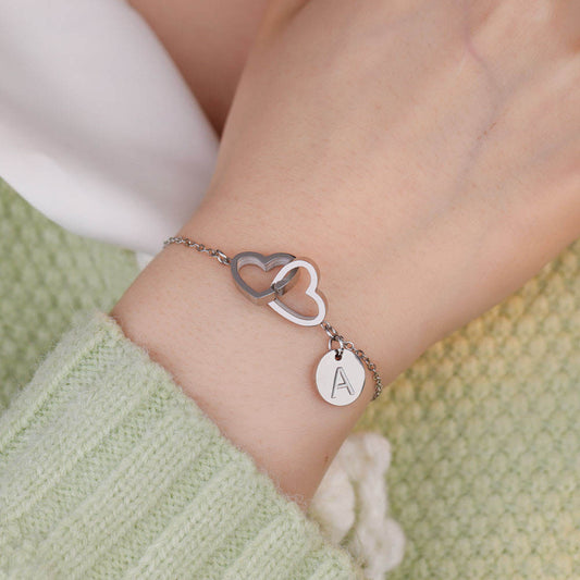 Double Heart Initials Bracelet In Silver