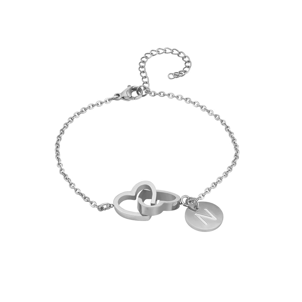 Double Heart Initials Bracelet In Silver