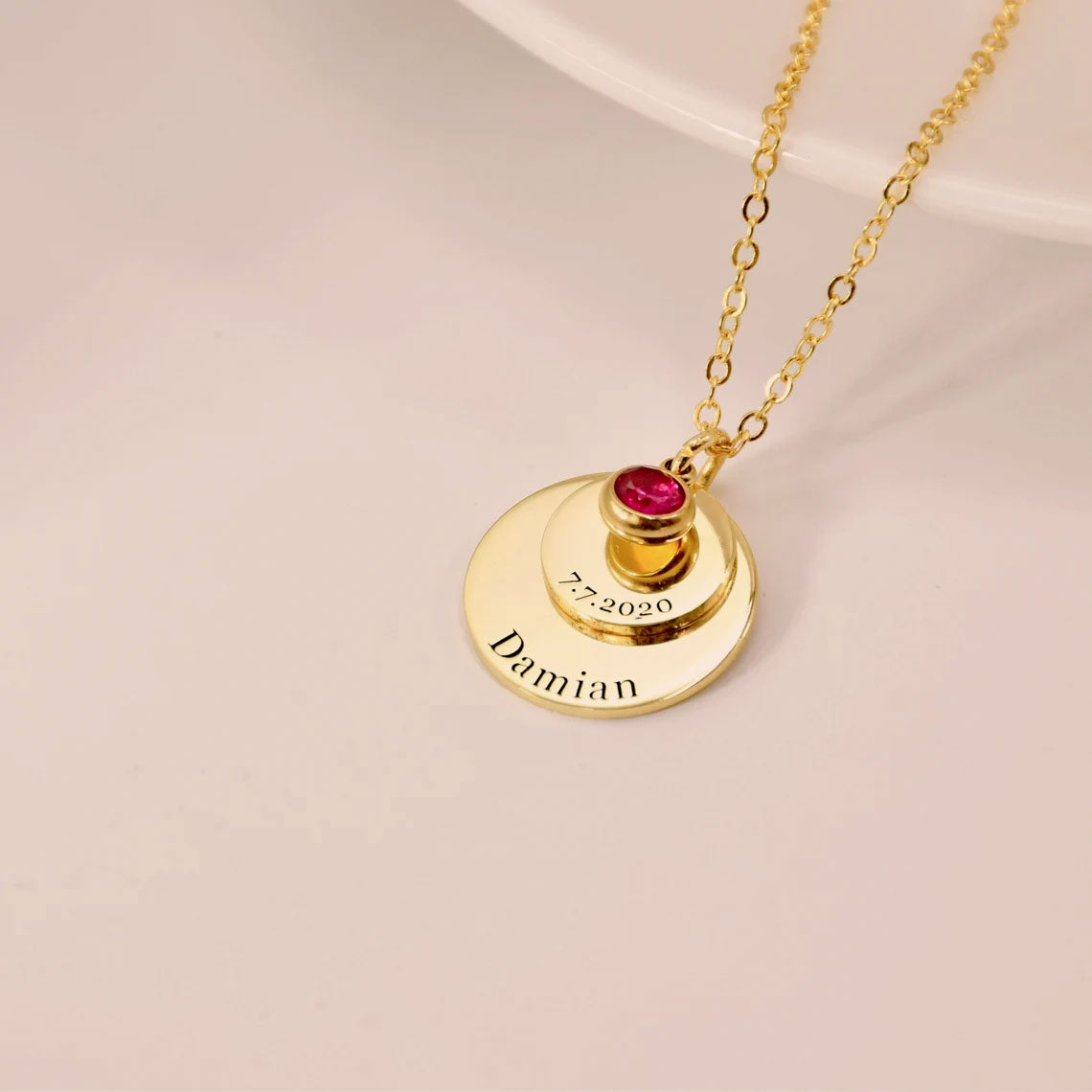 Personalized Double Disc and Birthstone Birthday Necklace