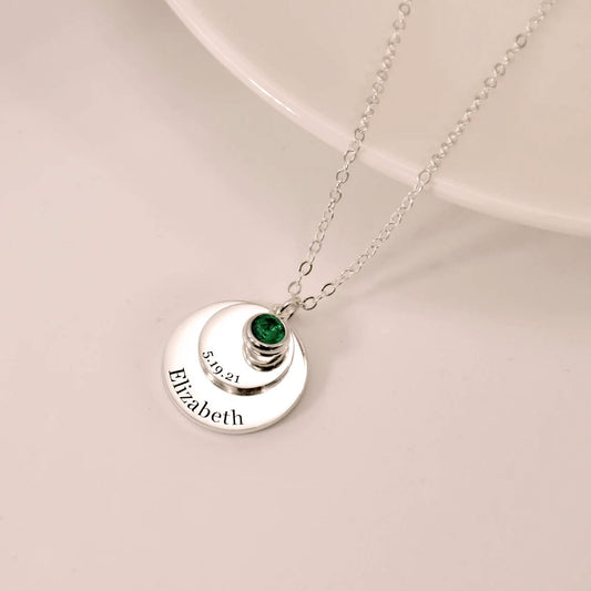 Personalized Double Disc and Birthstone Birthday Necklace In Silver