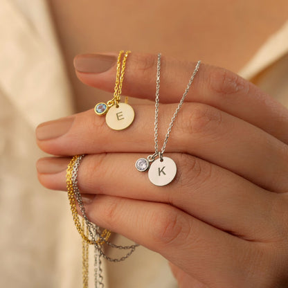 Personalized Initial Disc and Birthstone Necklace