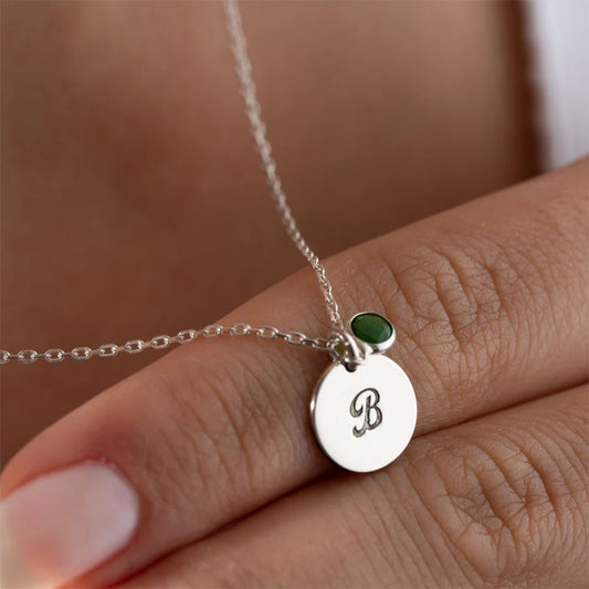 Personalized Initial Disc and Birthstone Necklace In Silver