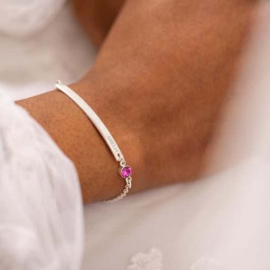 Personalized Curved Bar with Birthstone In Silver