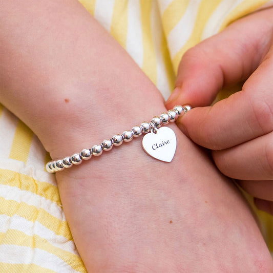 Beaded Bracelet with Heart Pendant in Silver