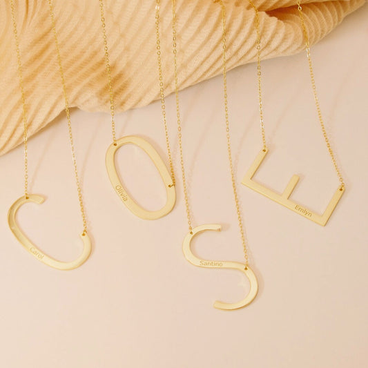 Engravable Large Statement Initial Necklace In Gold