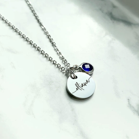 Personalized Disc with Birthstone Necklace In Silver