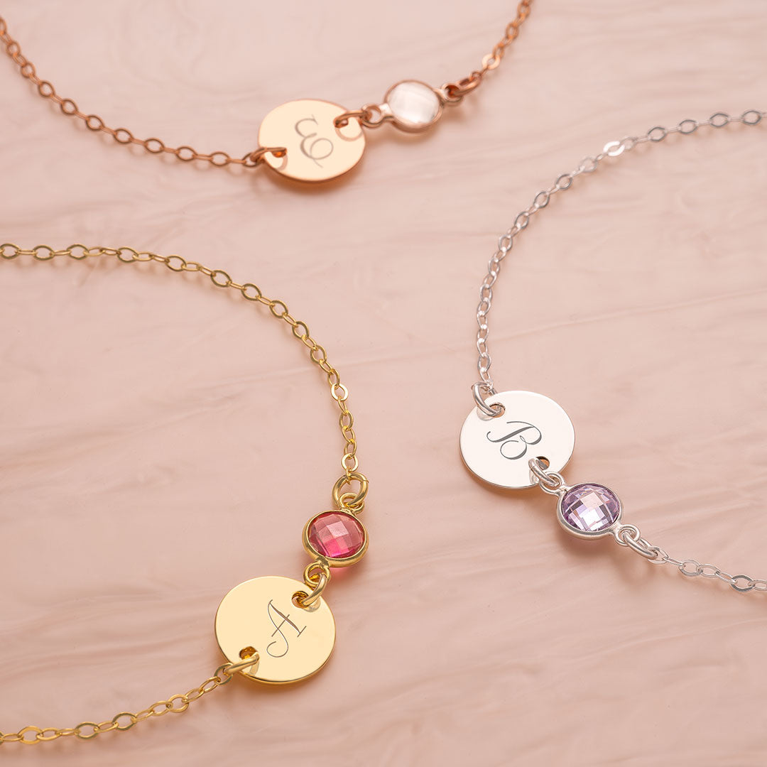 Personalized Initial Disc and Birthstone Bracelet