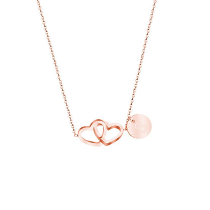 Double Heart Initials Necklace In Rose Gold